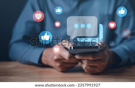 love, like, bubble, message, speech bubble, balloon, discussion, social media, shape, chat. touching smartphone for chatting and message. social network has like, love, speech bubble show around that.