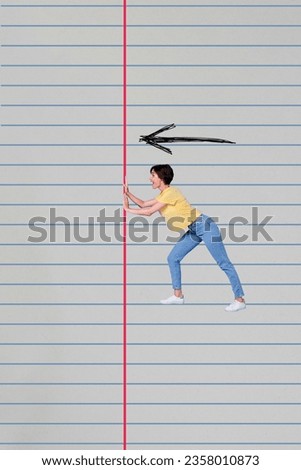 Vertical collage picture of astonished mini girl arms push copybook paper page line arrow pointer isolated on creative background