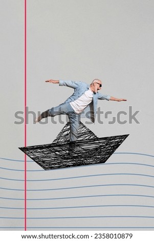 Vertical collage image of overjoyed mini grandfather stand balancing painted floating boat isolated on copybook striped page background