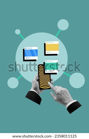 Poster image collage magazine of male hands hold device use social media watching photo video content isolated on drawing color background