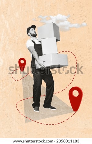 Vertical collage image of black white effect courier man hold pile stack delivery boxes location destination mark isolated on beige background