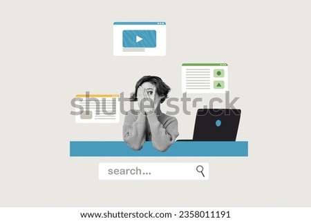 Picture image collage of funky pretty girl have fun hiding face searching people information social media isolated on drawing background Royalty-Free Stock Photo #2358011191