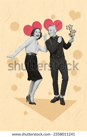 Vertical collage picture of two black white colors partners dancing arm hold drawing flowers isolated on beige heart background