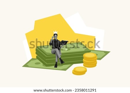 Composite creative photo collage of clever smart girl sit on big money read book about financial success isolated drawing background