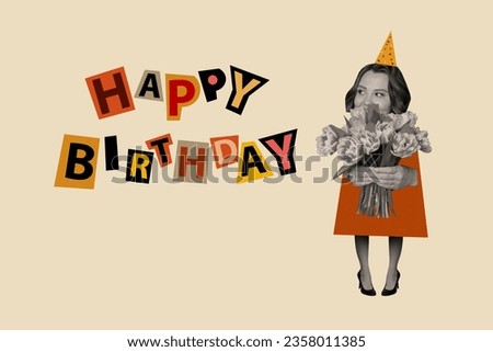 Picture collage postcard of lovely charming girl hold bouquet flowers enjoy birthday party isolated on painted background