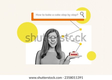Picture collage of happy girl lick teeth show cupcake search question how to bake cake step by step isolated on drawing background
