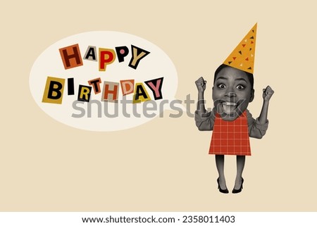 Picture collage postcard of overjoyed cheerful girl hand fist congratulate scream say tell happy birthday isolated on painted background Royalty-Free Stock Photo #2358011403