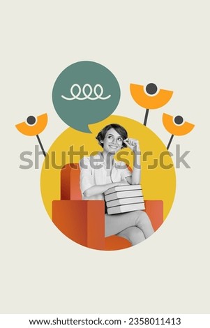 Creative collage photo of happy smiling smart girl sitting chair thinking preparing exam isolated on white painted background