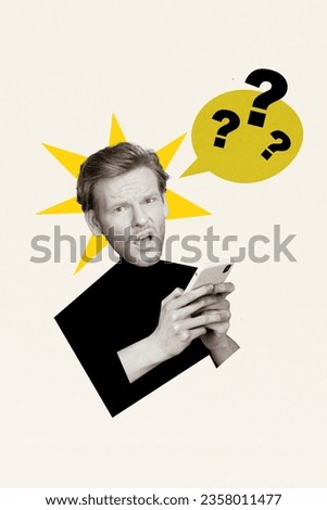 Vertical retro gamma visual effect collage of young guy holding smartphone questioned wtf login new account isolated on white background Royalty-Free Stock Photo #2358011477