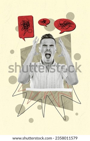 Vertical collage image of unsatisfied crazy black white effect guy scream dialogue mind mess bubble isolated on drawing background Royalty-Free Stock Photo #2358011579