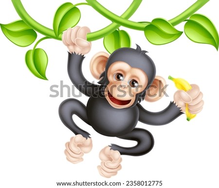 A monkey or cartoon chimpanzee ape jungle animal on vines with a banana