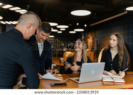 Business partners during meeting for partnership in office company. Entrepreneur colleagues discuss agreement for new firm level