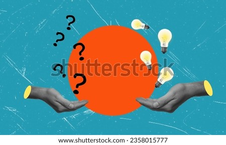 Collage journal two human hands holding a question mark and light bulbs. Choice, dilemma decision answer ideas. Royalty-Free Stock Photo #2358015777