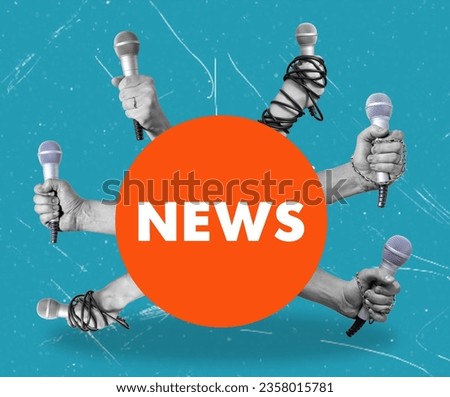 Contemporary artistic collage, hands with microphones symbolizing global news. The concept is world news. Royalty-Free Stock Photo #2358015781