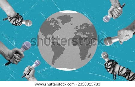 Contemporary artistic collage, hands with microphones symbolizing global news. The concept is world news. Royalty-Free Stock Photo #2358015783