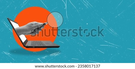 Internet search, computer search, hand out of computer with magnifying glass, quick search, search, internet icon. 