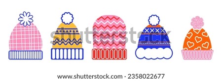 Set of winter hats. Vector clip art in flat style. Winter accessories. Drawing on a white isolated background.