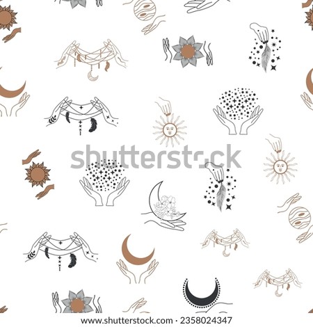 Magic and heaven seamless pattern, with magical elements such as snake, eye, tarot cards, hand, skull, potion, moon, butterfly, mushrooms, stars. Symbols and elements of the witchcraft theme.