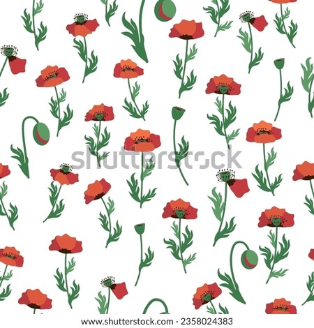 Summer seamless pattern with bright red poppy flowers and poppy pods. Field, meadow of poppies.