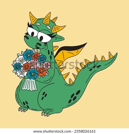 Funny fantasy character dragon with flowers. Isolated on white background. Vector cartoon colorful icons.