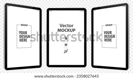 Tablet Computer Vector Mockup Illustration with Perspective View.  Tablet PC Screens Isolated on Transparent Background.