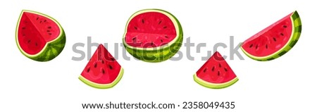 Fresh and Juicy Watermelon Fruit with Red Flesh and Black Seeds Vector Set Royalty-Free Stock Photo #2358049435