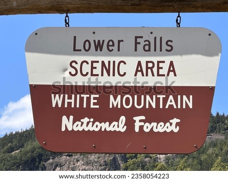 Lower Falls Scenic Area Entrance Sign at White Mountains National Park in New Hampshire , USA