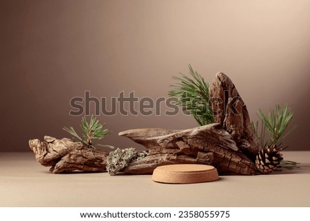 Abstract north nature scene with a composition of lichen, pine branches, and dry snags. Place your product on a cork podium. Copy space. Royalty-Free Stock Photo #2358055975