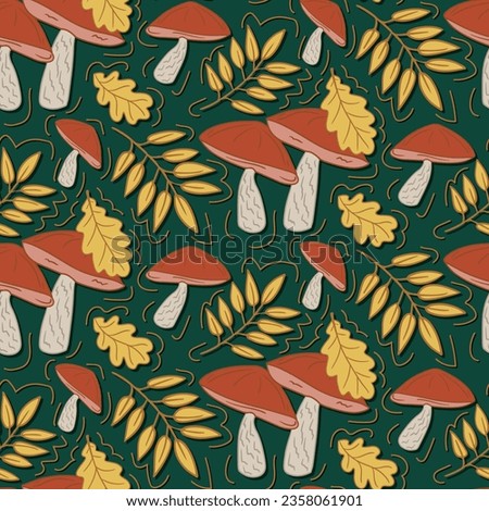 Hand drawn flat boletus mushroom seamless pattern on dark green background. Vector isolated autumn yellow oak and ashberry leaves and wild mushrooms. Cartoon botany design. ideal foe wrappinf, textile