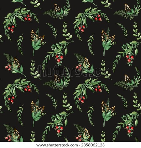 Seamless watercolor pattern with black branches, yellow wildflowers and red berries on black background. Botanical summer hand drawn illustration. Can be used for gift wrapping paper, kitchen textile