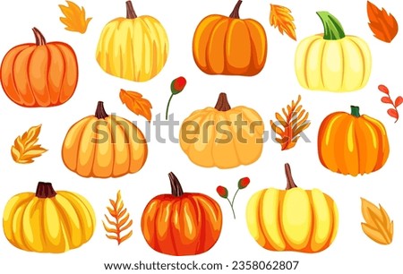  Set of different pumpkins, autumn season, autumn leaves, clip art, cartoon pumpkins for holiday decoration 