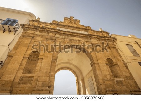 The Porta Nuova in Marsala, entrance gate in historic centre of town at Sicily, Italy, Europe.