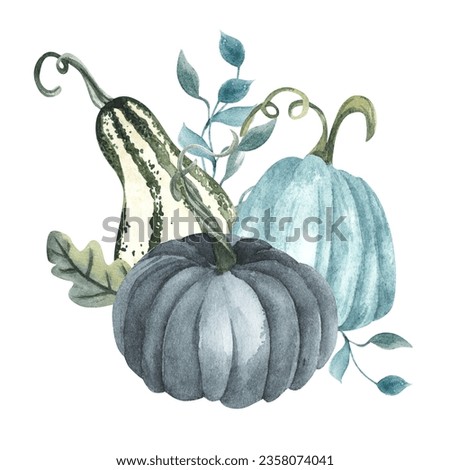 Watercolor pumpkin composition, floral pumpkins, Halloween clip art, autumn design elements, fall arrangement of blue and white pumpkins. Harvest illustration isolated on white background