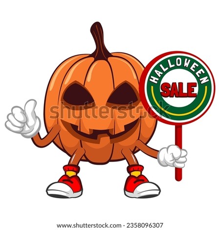 Vector mascot, cartoon and illustration of halloween pumpkin giving thumbs up sign while holding a sign saying halloween sale