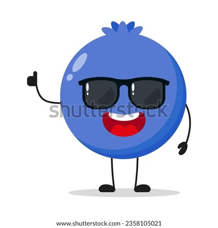 Cute happy blueberry character wear sunglasses. Funny blueberry greet friend cartoon emoticon in flat style. berries emoji vector illustration