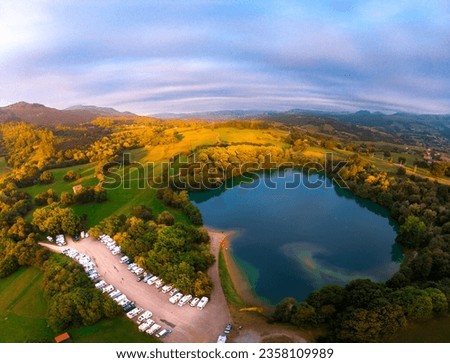 Panoramic view of Cabárceno (Cantabria) and its beautiful surroundings, with Lake Acebo and its meadows.