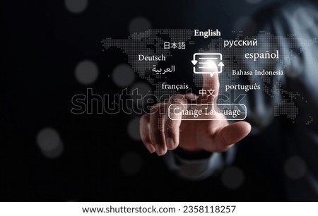 Businessman touching to virtual translation or translate on the mobile app worldwide language conversation speaking concept.
