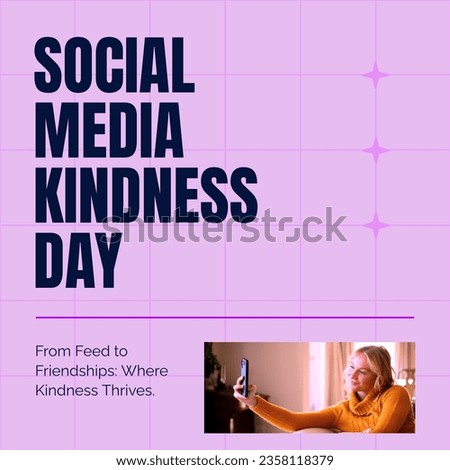 Composite of social media kindness day text over caucasian woman using smartphone. Social media, global connections and online kindness concept digitally generated image.