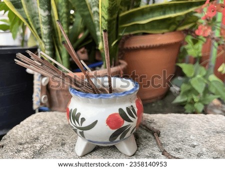 a photography of a ceramic pot with sticks in it, flowerpot with sticks in it sitting on a rock next to a potted plant.