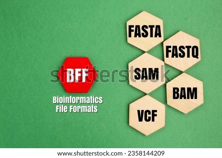 hexagon with the concept of Five Types of Bioinformatics File Formats namely FASTA, FASTQ, SAM, BAM and VCF