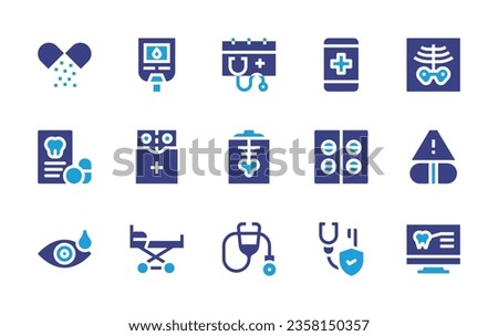 Medical icon set. Duotone color. Vector illustration. Containing intravenous saline drip, analysis, medical records, first aid kit, microscope, hospitalization, pills, diabetes, medicine.