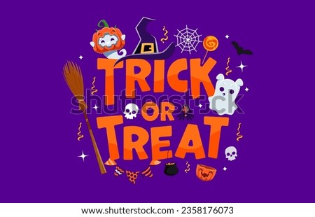 Trick or treat Halloween banner with kawaii ghosts, witch hat and skull, vector holiday banner. Halloween pumpkin lanterns with funny ghost or boo poltergeist, skeleton skull and candy lollipop