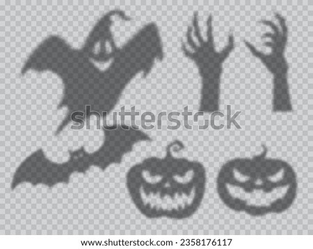 Halloween shadow overlay of ghost, pumpkin and bat and zombie monster, vector silhouette icons. Halloween holiday cartoon overlay shadow of scary pumpkin lantern, flying boo poltergeist and dead hands