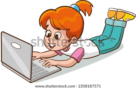Cute girl using laptop and sitting on floor. Flat vector illustration