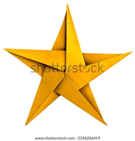 Gold Paper Star as a symbol of Winning as an origami Sculpture for success symbol as a golden winning first place award object isolated on a white background. Royalty-Free Stock Photo #2358206419