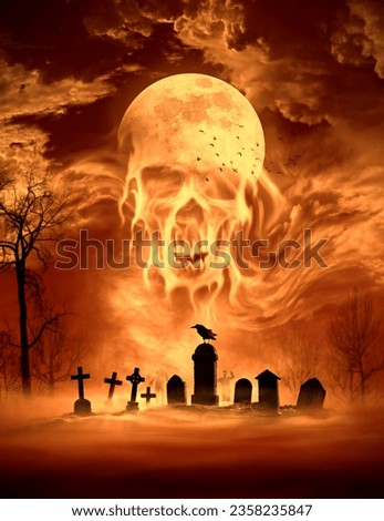 Scary moon and clouds shaped as human skull in the sky above a creepy old graveyard, horror and Halloween concept Royalty-Free Stock Photo #2358235847