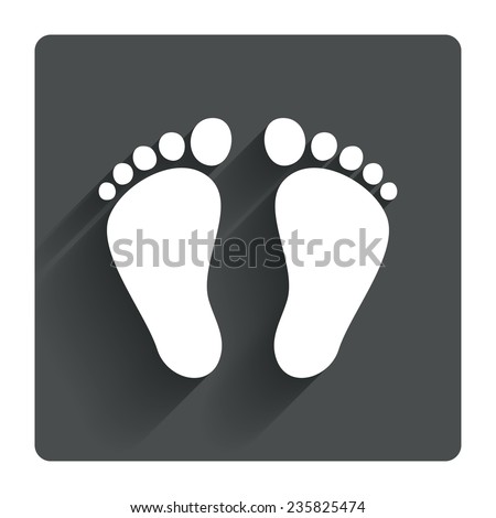 Child pair of footprint sign icon. Toddler barefoot symbol. Gray flat square button with shadow. Modern UI website navigation. Vector