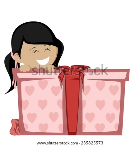 Big box surprise - A black haired girl in socks smiling with a big gift box.