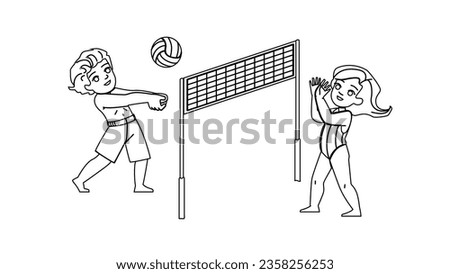 beach volleyball kid vector. sport ball, summer holiday, play volley, flat sea, family group beach volleyball kid character. people black line illustration