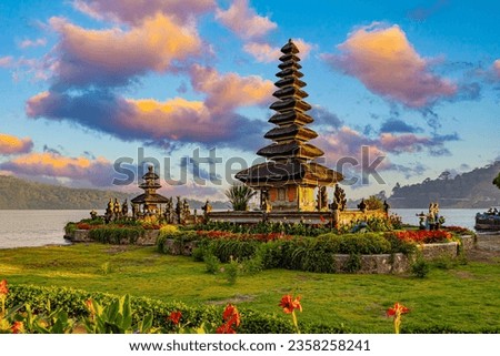 Gorgeous sunset at Pura Ulun Danu Bratan temple in Bali Royalty-Free Stock Photo #2358258241